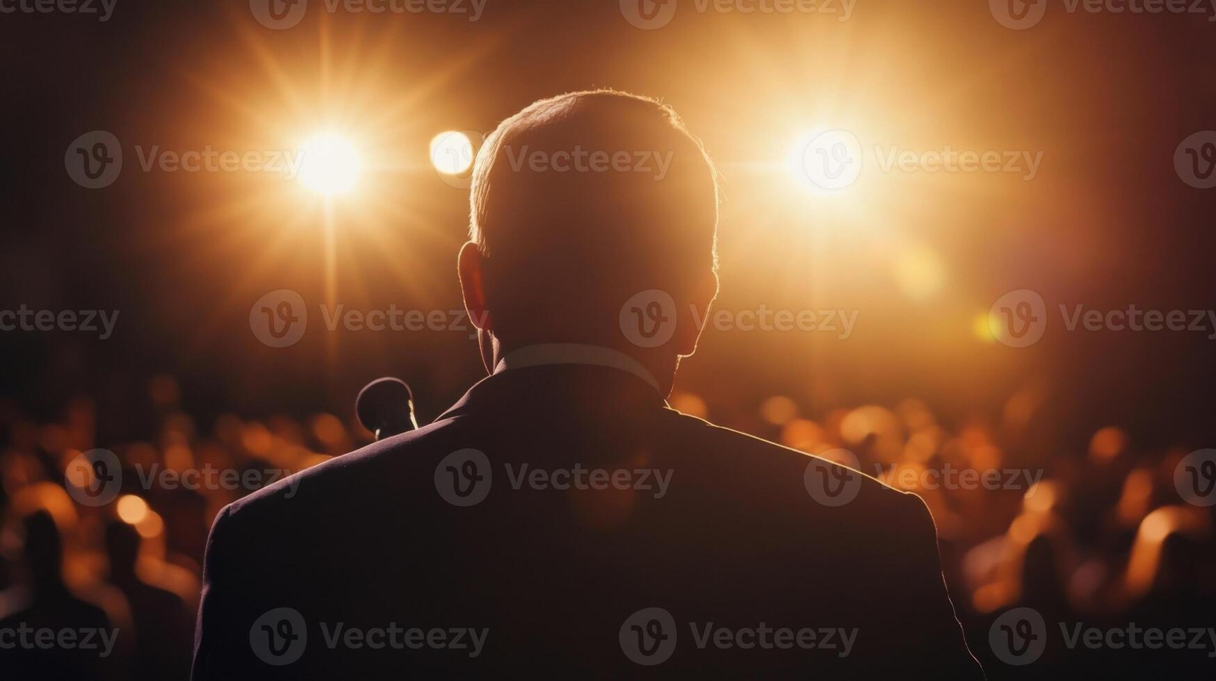 Against a backdrop of enthusiastic supporters the politician leans in closer to the microphone displaying a confident expression. Bright stage lights illuminate their face emphasizin photo