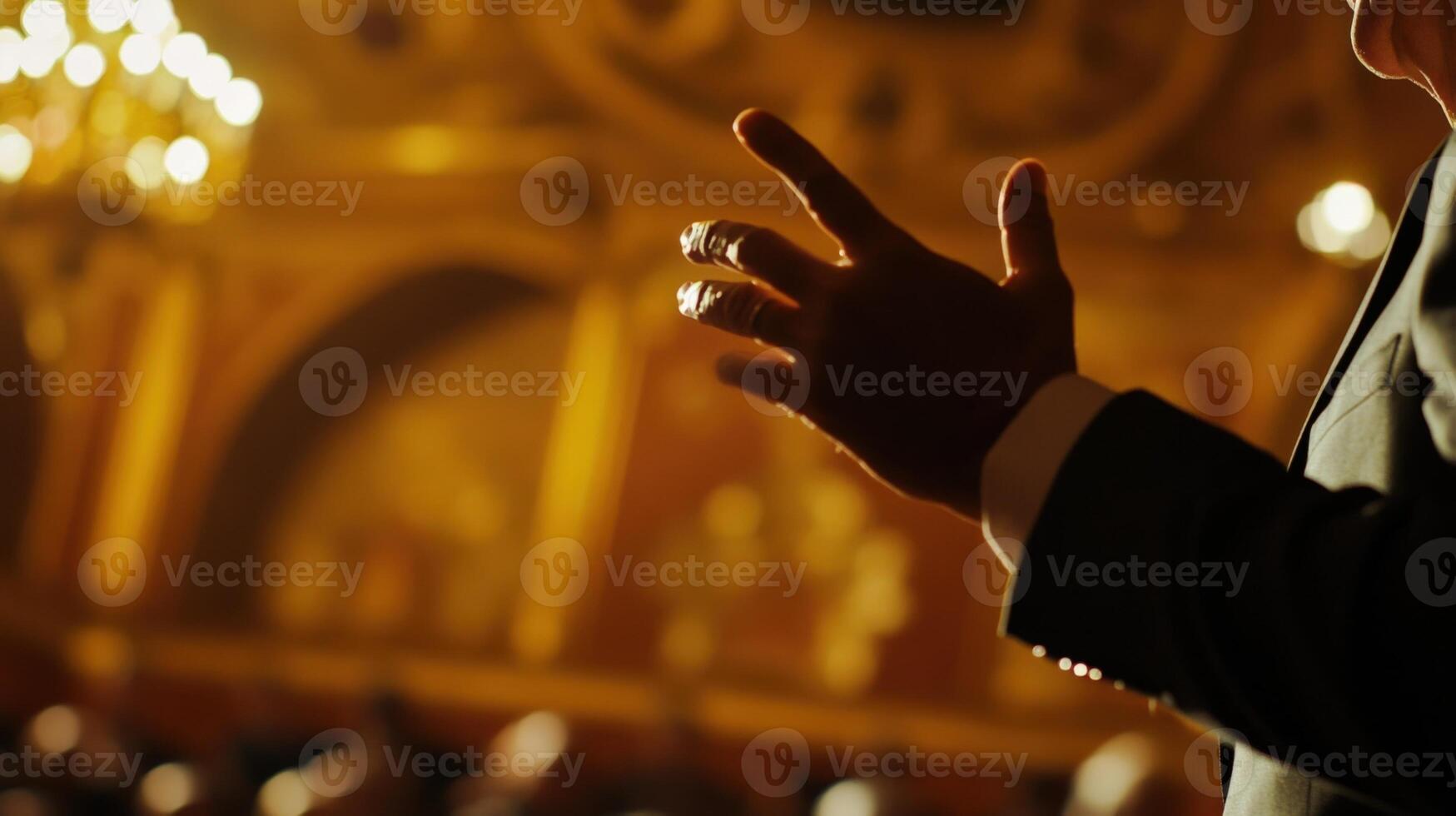 A closeup reveals the intense focus of a government official as they deliver a vital message with their hands poised in midair. The ornate architecture of the hall can be seen blurre photo