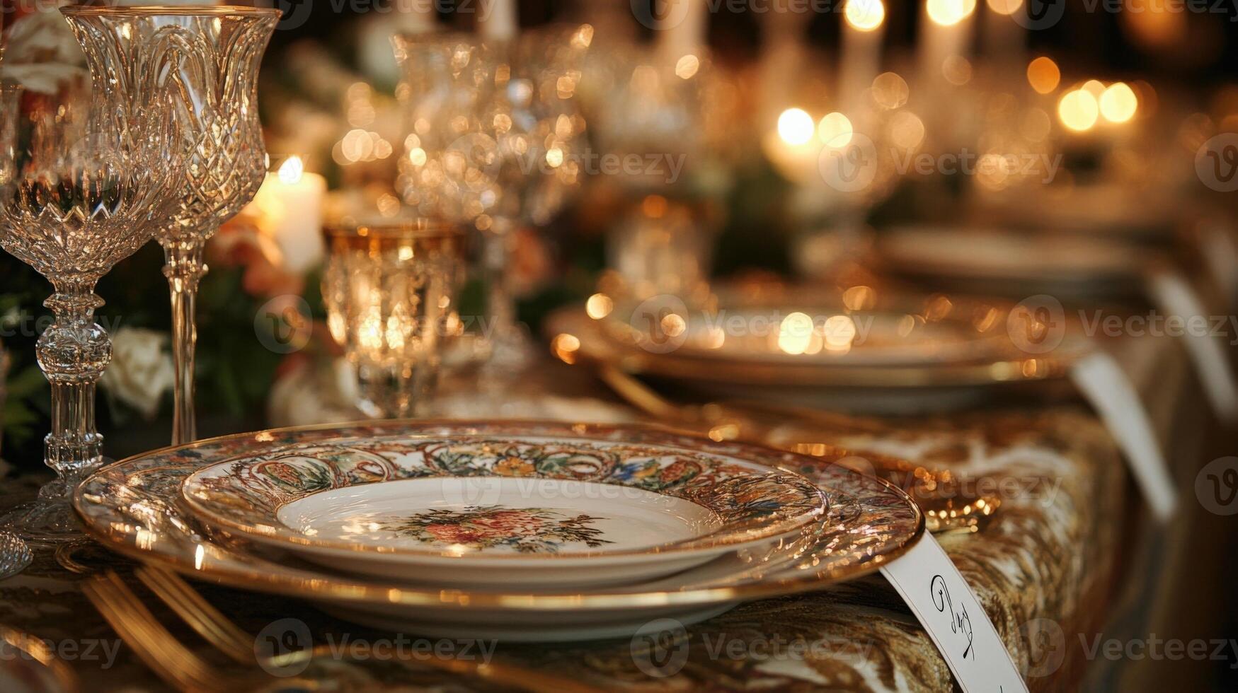 A closeup of an ornate table setting reveals fine china plates paired with intricately designed lery complemented by crystal wine glasses. The tables are draped in luxurious fabric photo