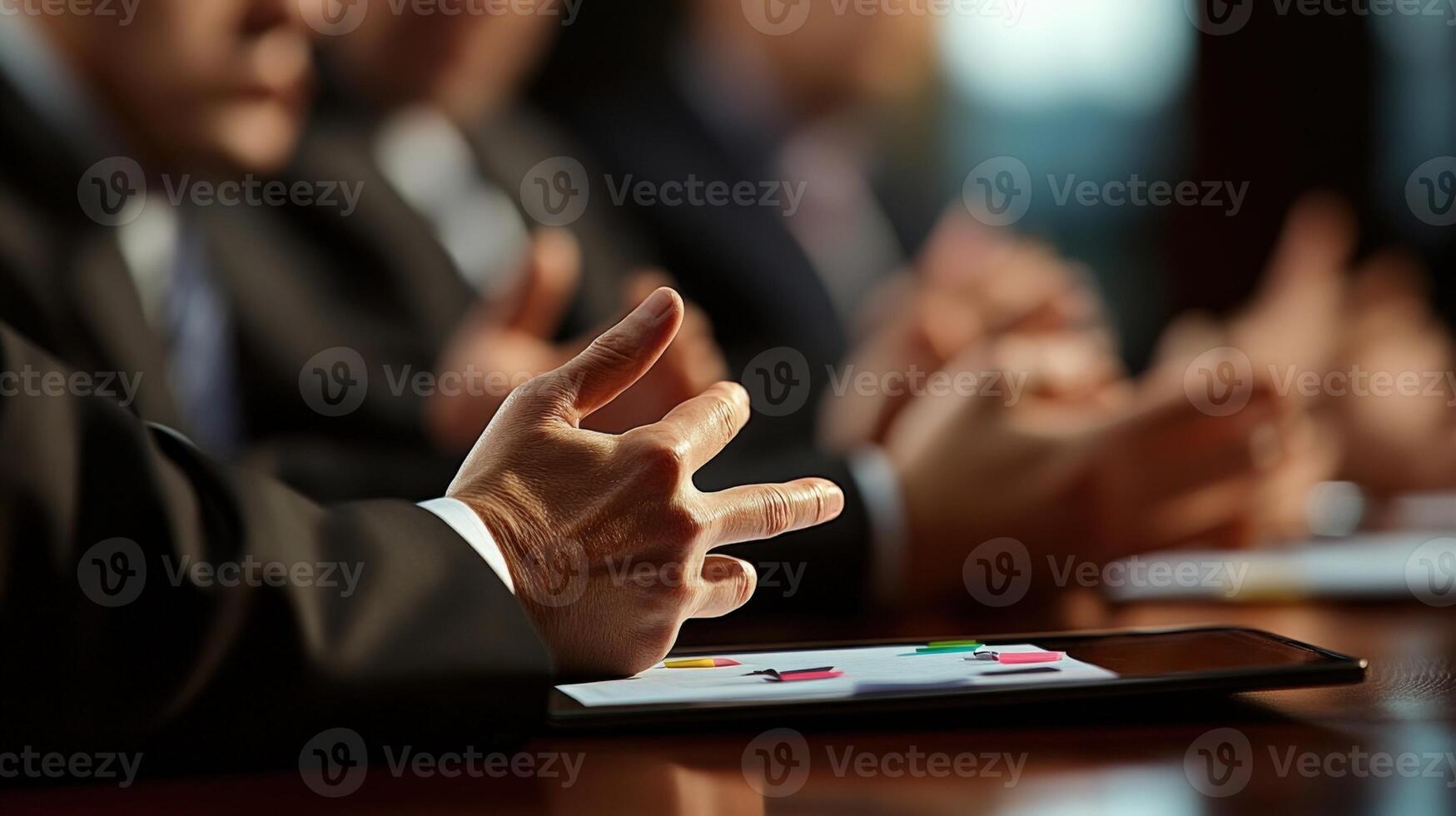 Politician gesturing while discussing with colleagues during meeting photo