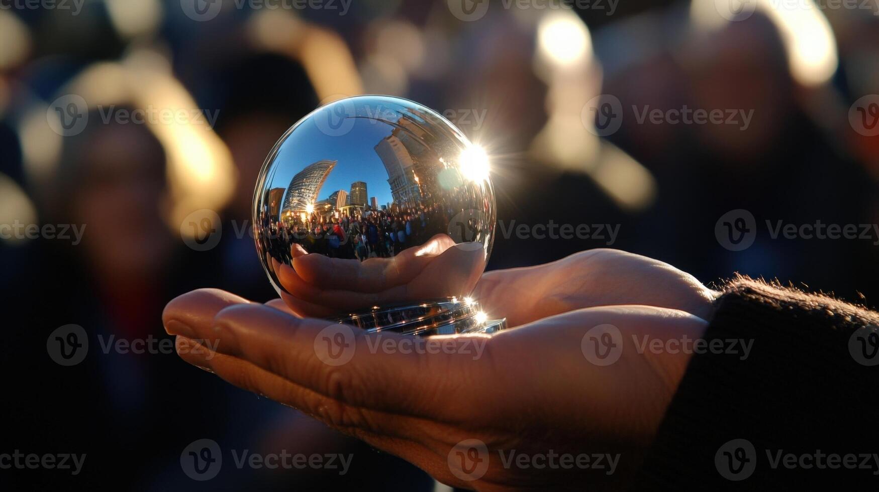 A closeup of the award itself reflecting light is held in the politicians hands while their expression reveals a mix of pride and humility. The backdrop is a vibrant bustling communit photo