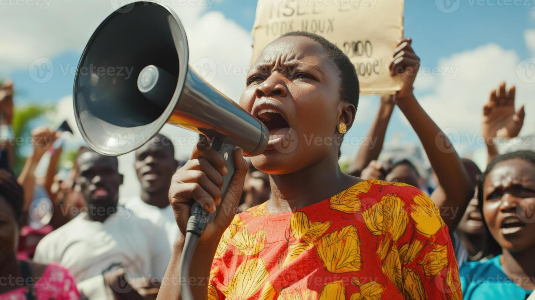 A medium closeup captures the politicians hands gripping the megaphone tightly conveying urgency and commitment. Their expressive face reveals a mix of determination and charisma a photo