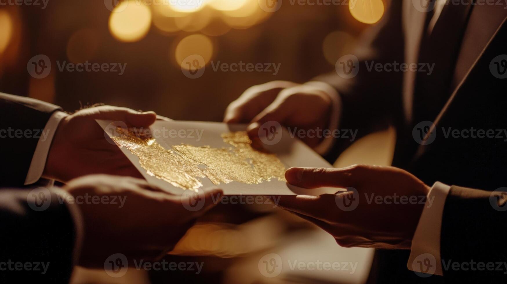 Two businessmen exchanging golden territory map in a dark room photo