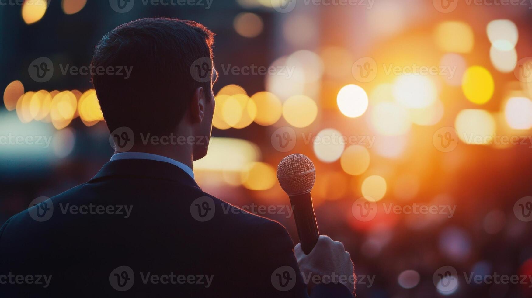 With a microphone in hand the politician leans slightly forward eyes scanning the small crowd creating an intimate atmosphere. The bokeh effect from the city lights in the backgroun photo