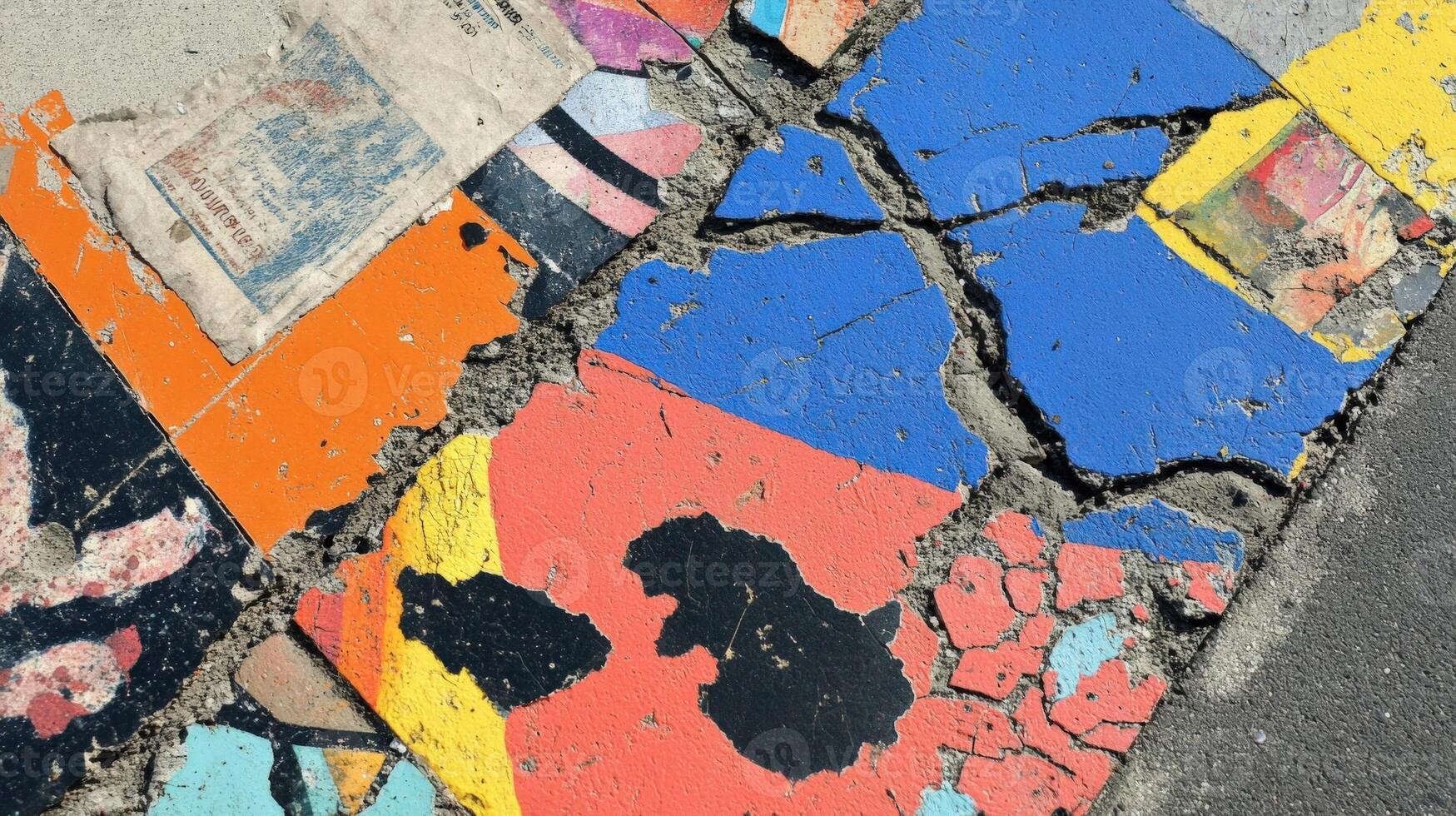 Colorful street art cracking and showing underlying concrete photo