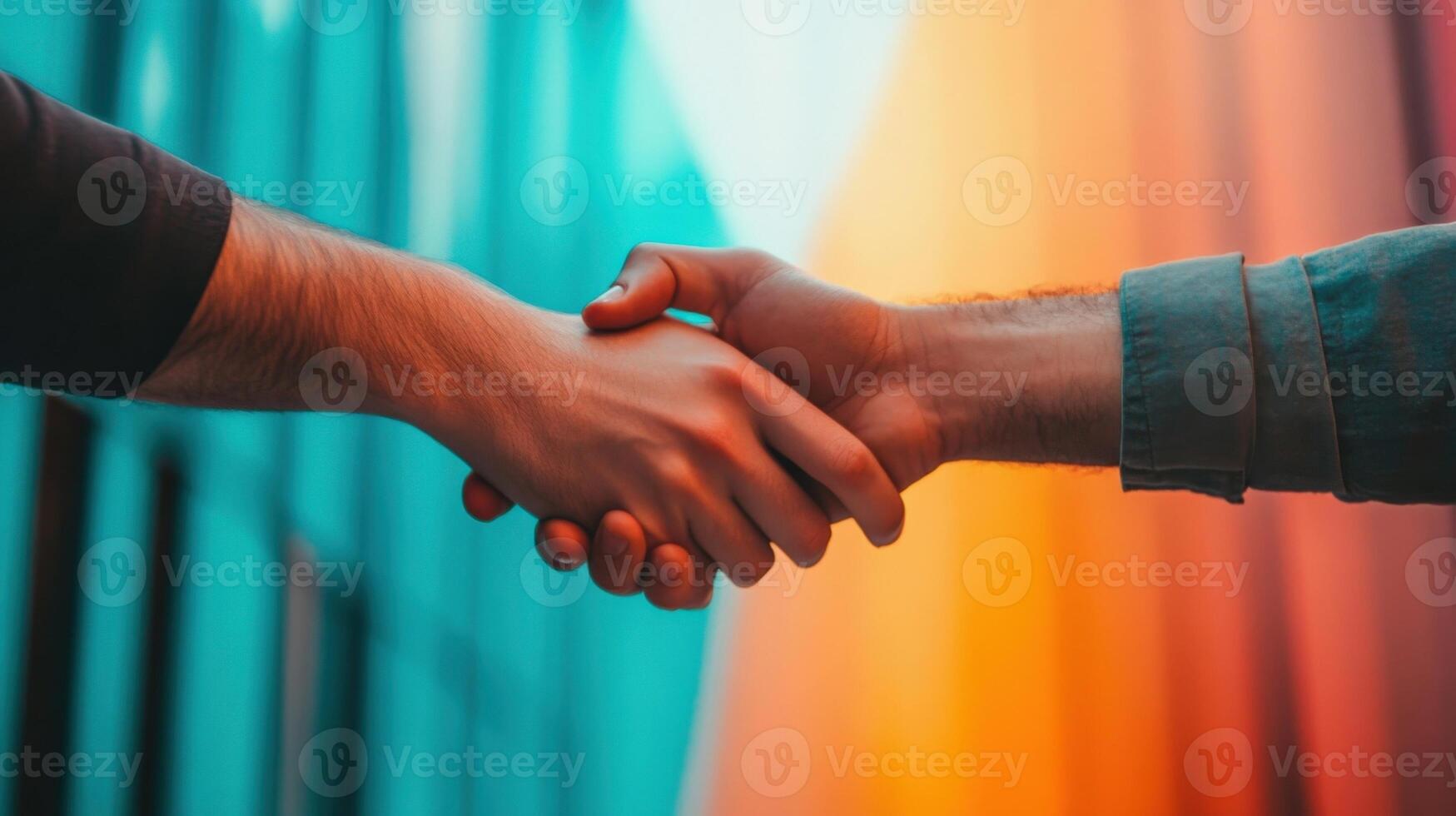 A hand reaching out to meet another in a diplomatic handshake reflects a poised determination surrounded by a softly focused blend of warm and cool hues that symbolize harmony and photo