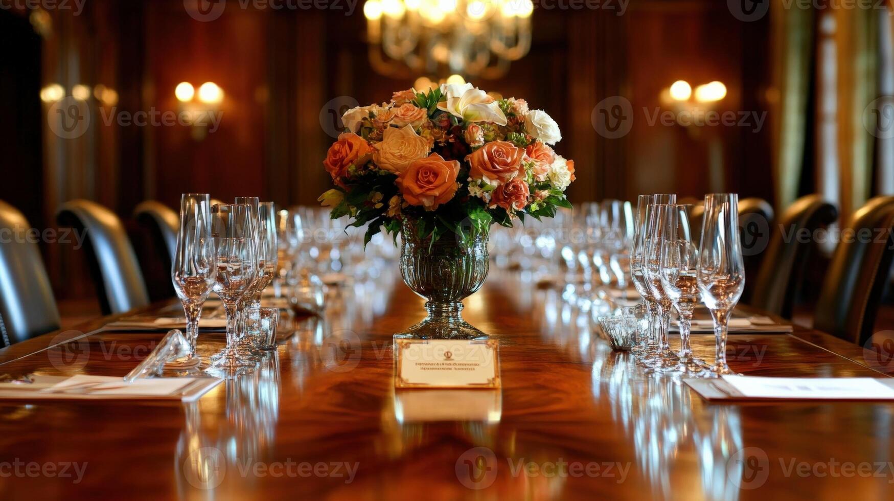 A detailed glimpse of an ornate conference room table set for discussions featuring engraved name cards crystal glasses and a vase of fresh flowers at the center. The soft glow fro photo