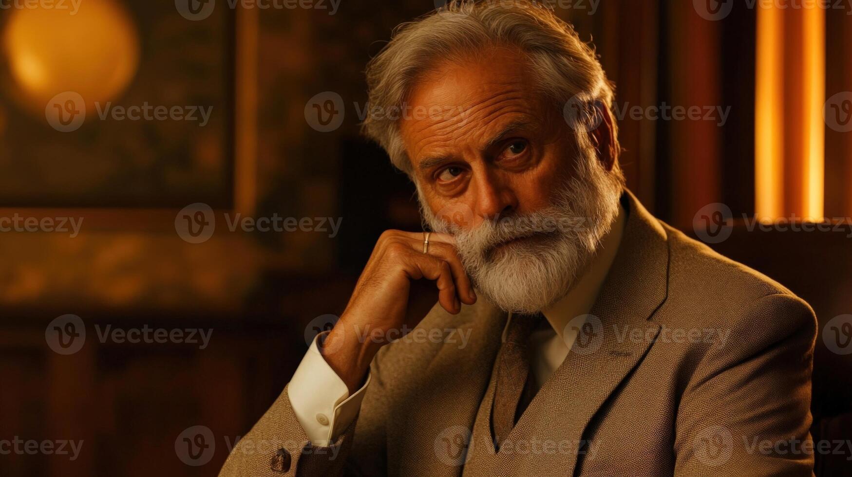 An older gentleman with a distinguished gray beard holds a pen thoughtfully against his chin pondering during a discussion. The warm ambiance of the boardroom highlighted by low lightin photo