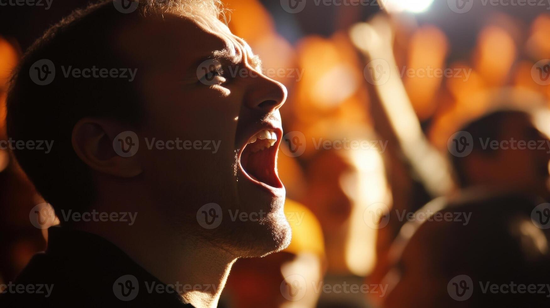 Excited man shouting and cheering in a crowd at night photo