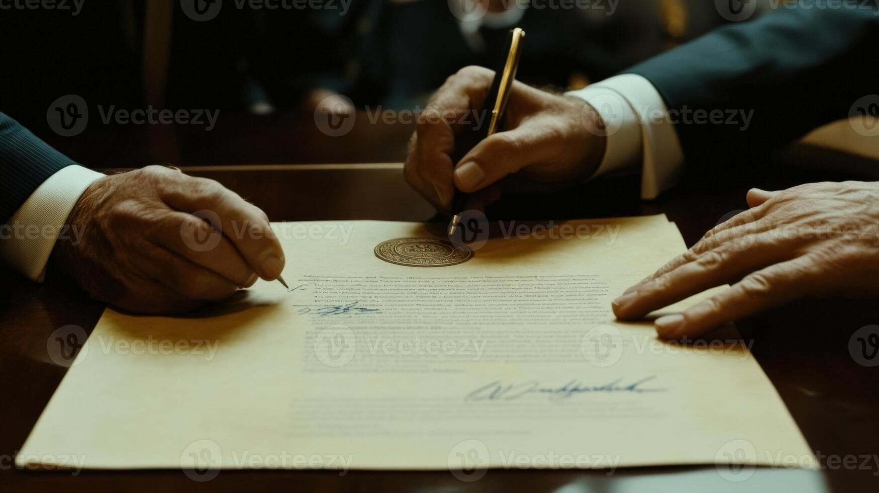 Zoomed in on a delicate parchment one diplomats fingers slide across the embossed seal while the other holds an ink pen above a blank signature line symbolizing the final steps in photo