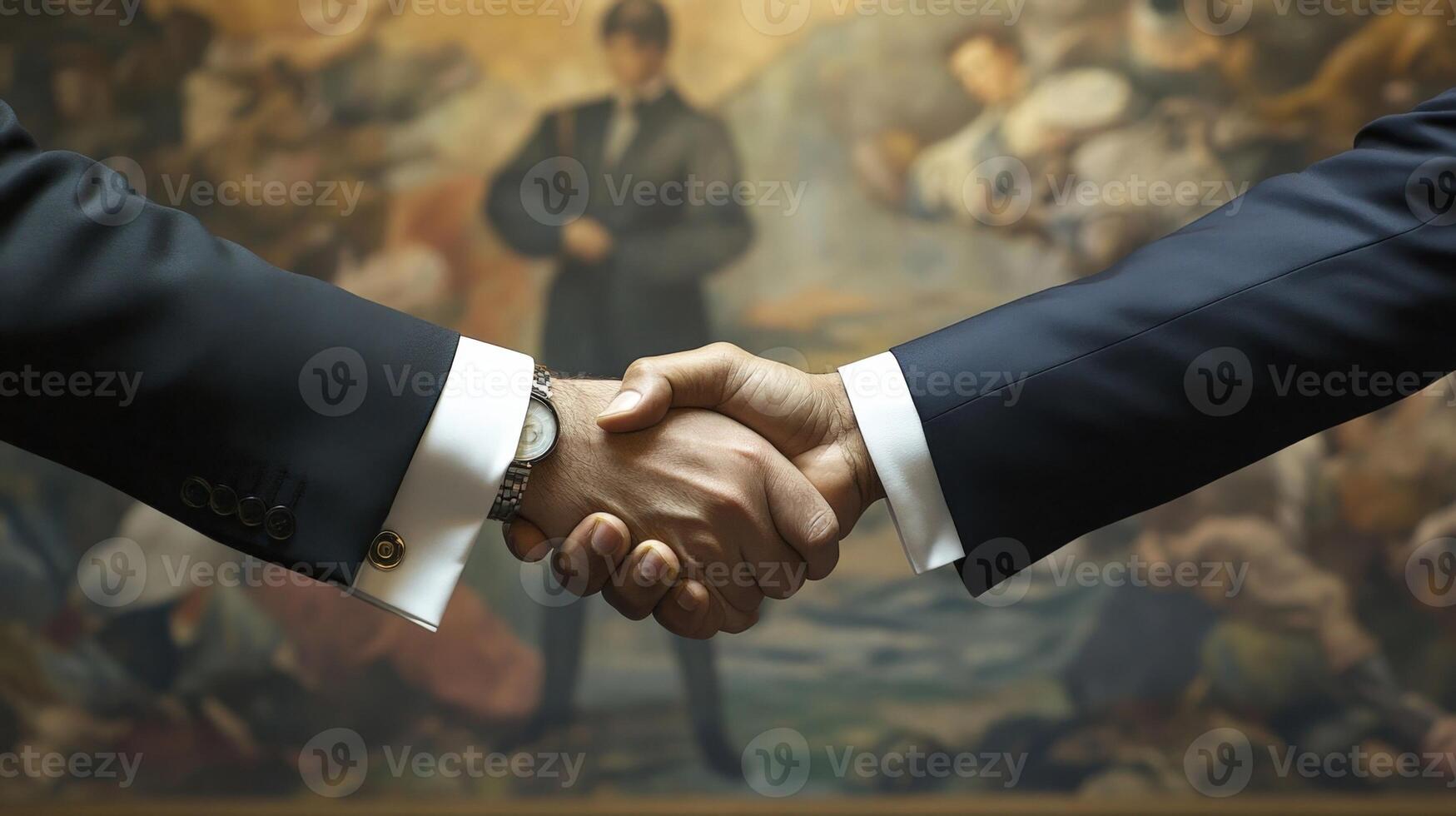 A closeup of the interlocked hands emphasizes the contrast between the two diplomats cufflinks and sleeve textures. The backdrop of a lavish mural depicting peaceful cooperation serve photo