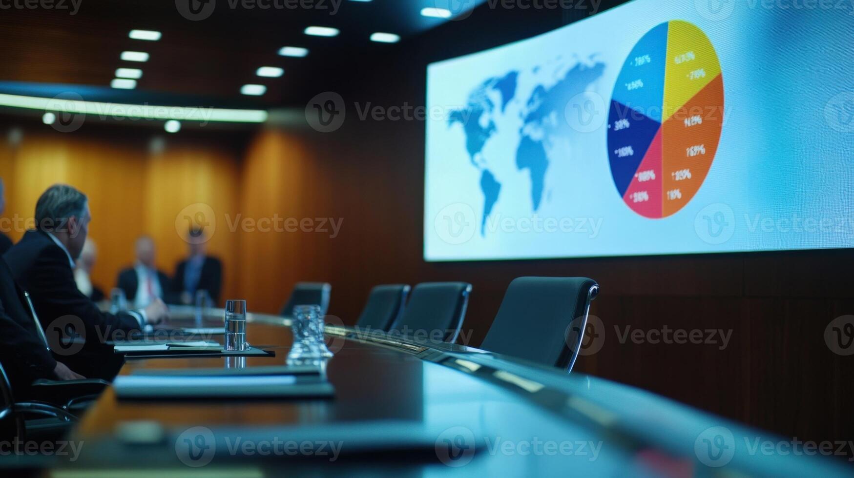 An illuminated screen in a modern conference room displays a pie chart breaking down global market shares. The camera captures the concentration on the faces of diplomats as they lea photo