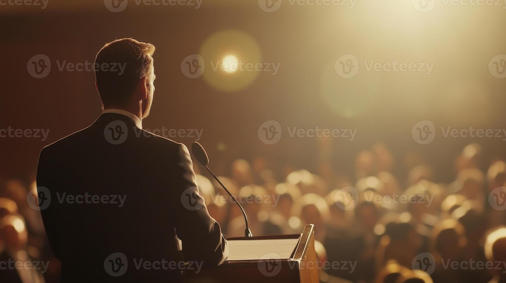 Bathed in warm lighting a dedicated politician stands resolute behind a sleek podium eyes fixed on the audience. The softly outoffocus crowd appears to nod in agreement with a divers photo