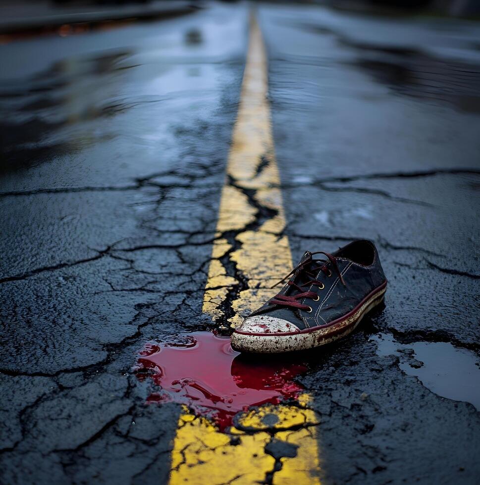 A shoe is sitting on the road in a puddle photo