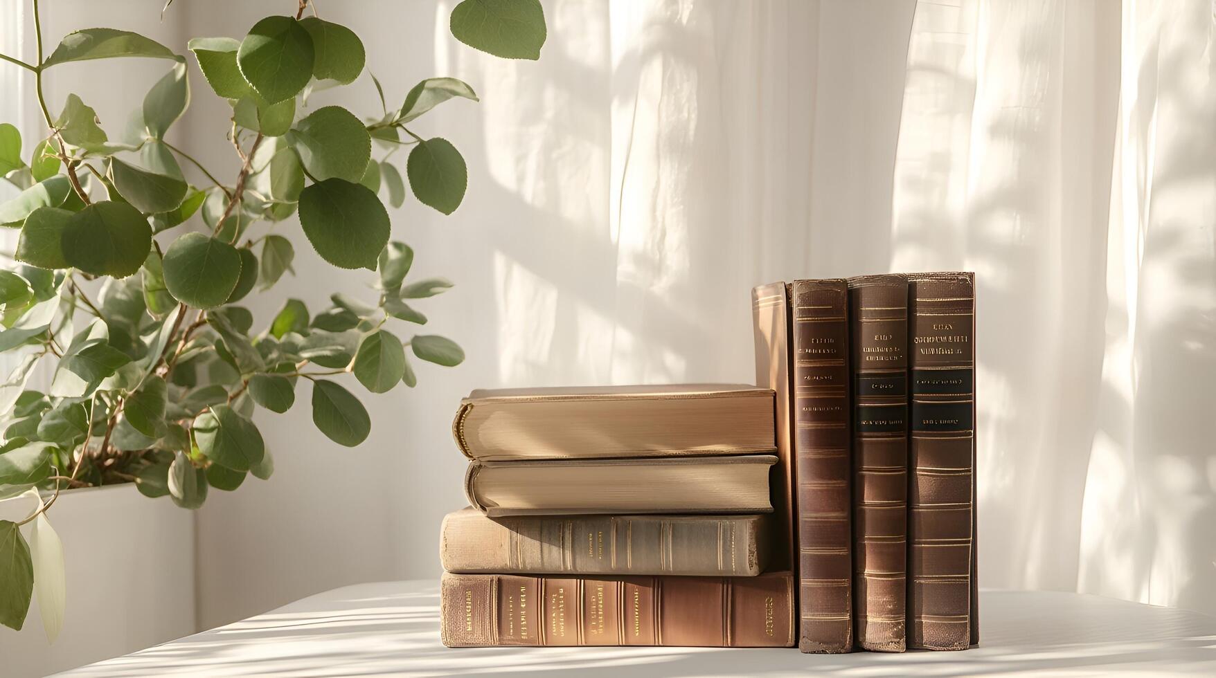 Stack of books on a table next to a plant photo