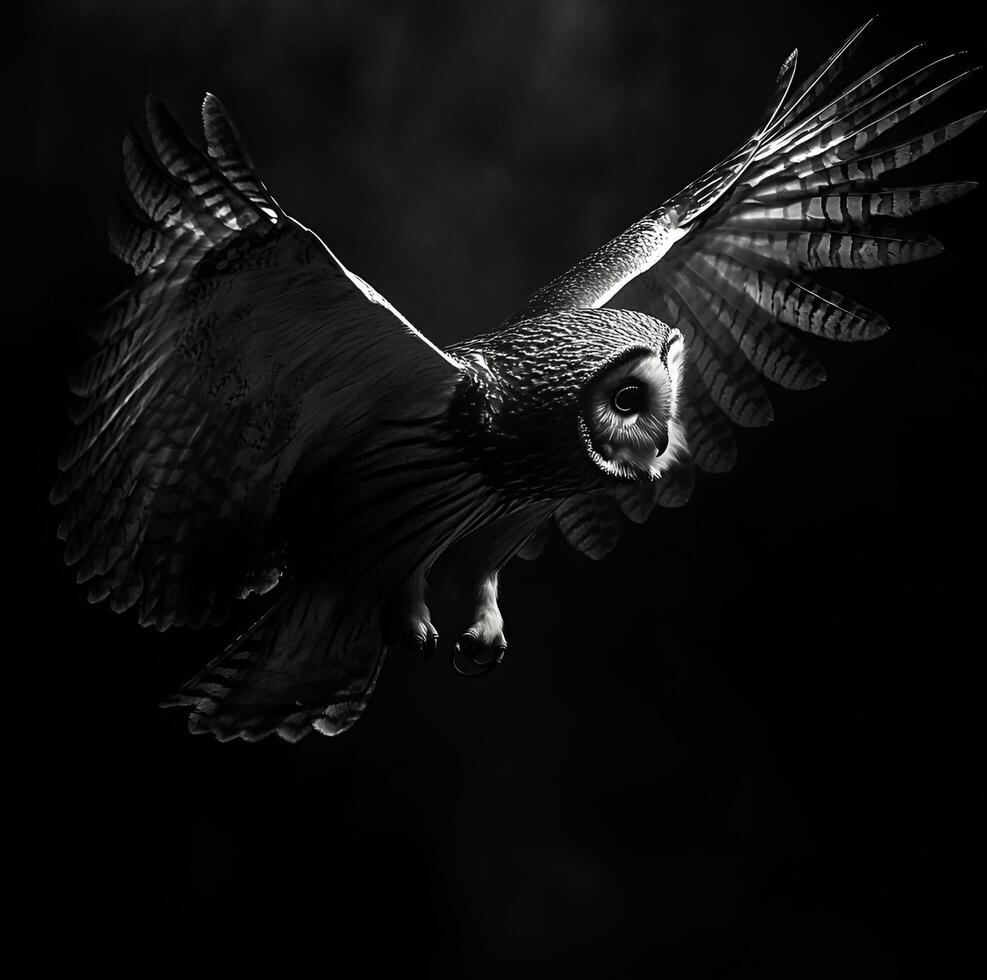 An owl flying in the dark with its wings spread photo
