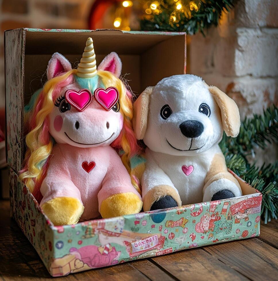 Two stuffed animals in a box with a christmas tree photo
