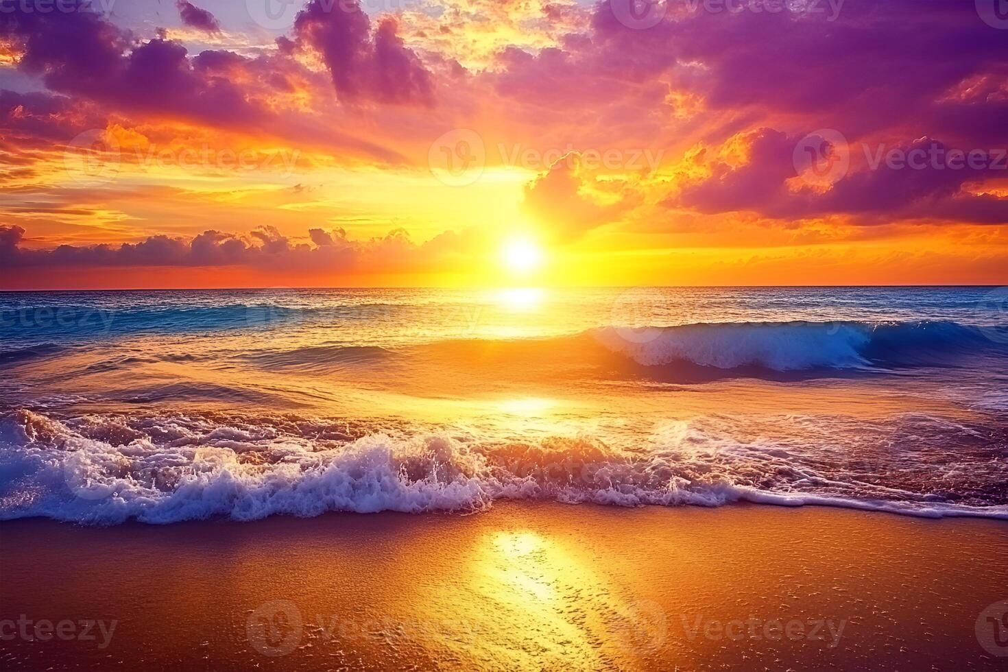 A vibrant sunset over the ocean with waves crashing on the shore and colorful clouds in the sky photo