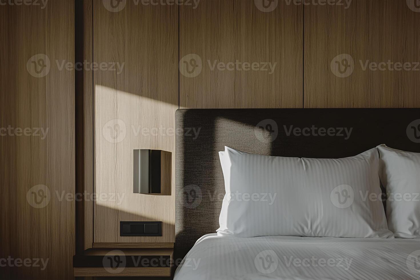 A close up of a bed with white pillows and a wooden headboard in a modern hotel room setting photo