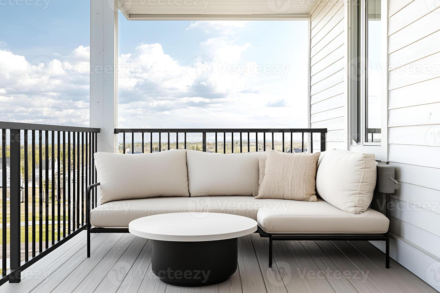 A modern outdoor patio with a white couch and table overlooking a cloudy sky from a high balcony photo