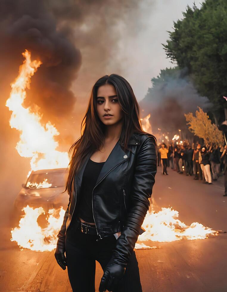 A woman in black leather jacket standing in front of a burning car photo