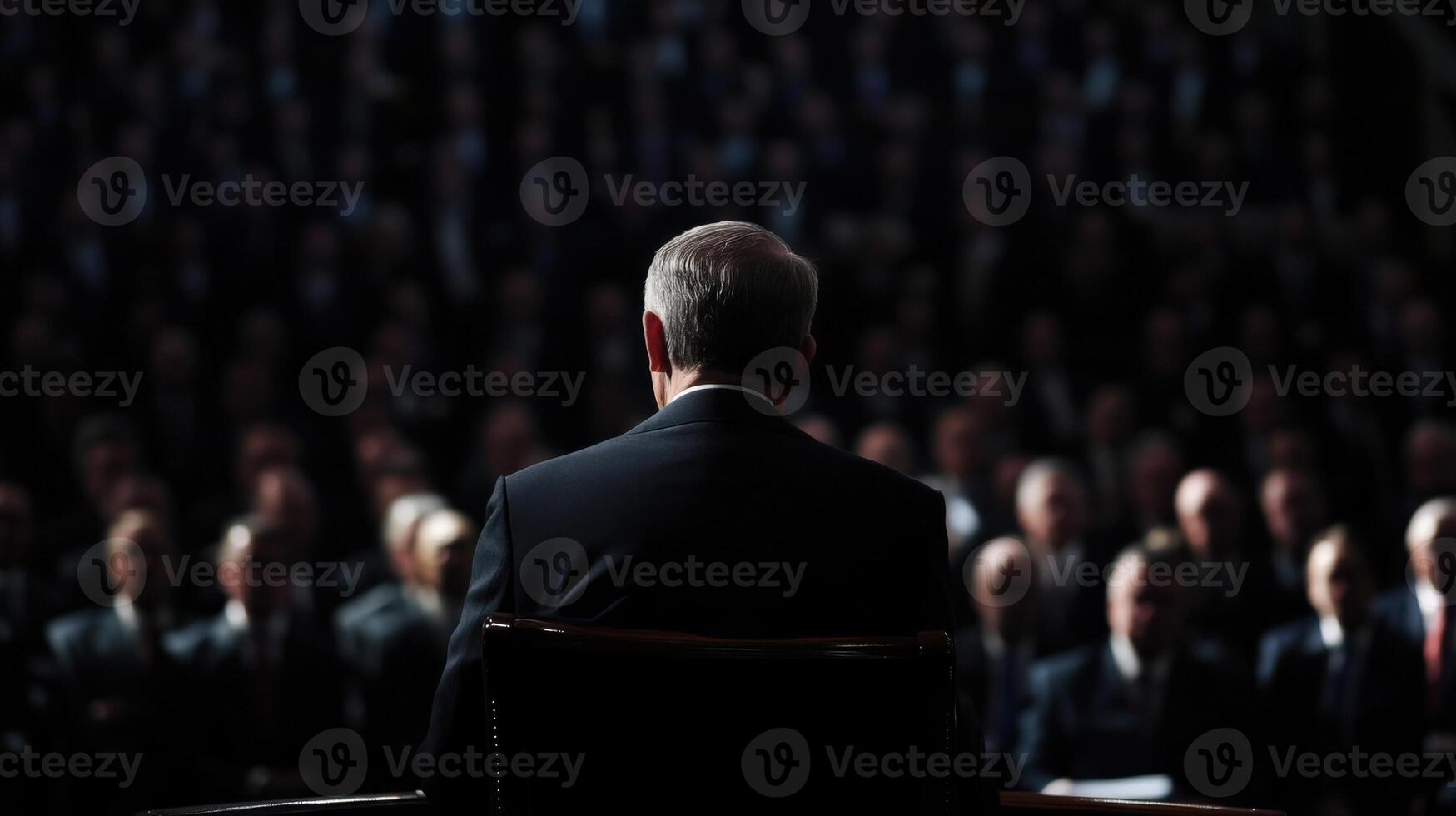 behind him the softly blurred audience captures a moment of rapt attention emphasizing the importance of the debate unfolding photo