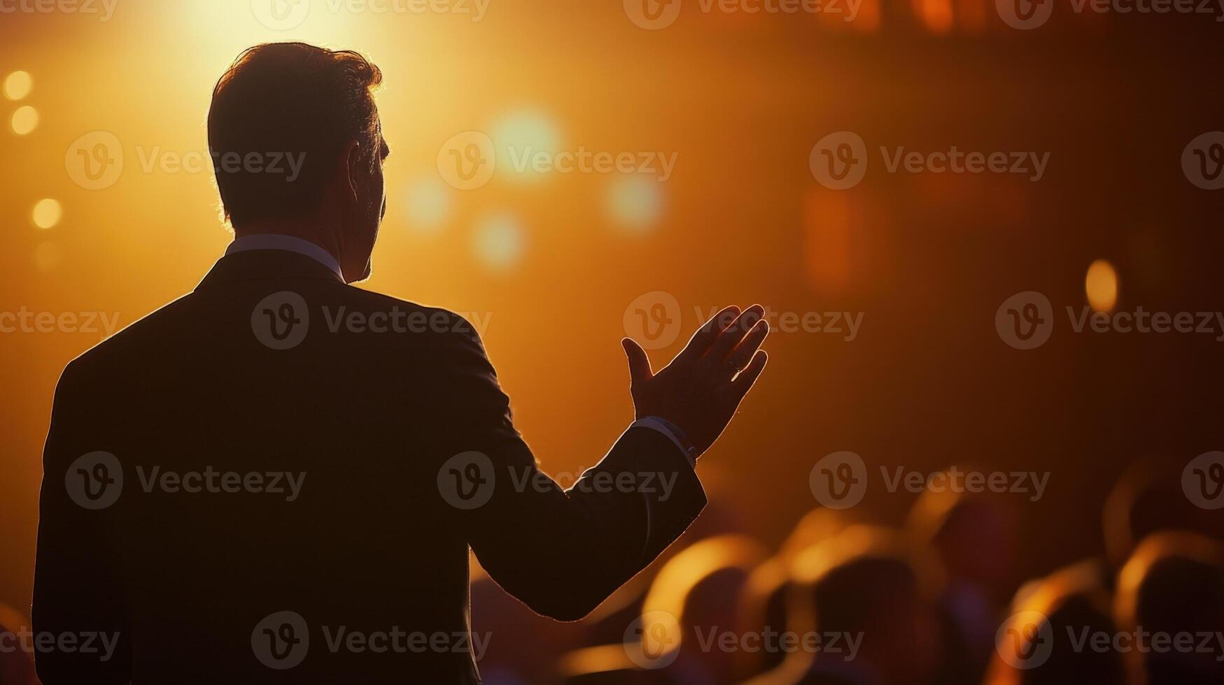 Politician gesturing to crowd during rally speech photo