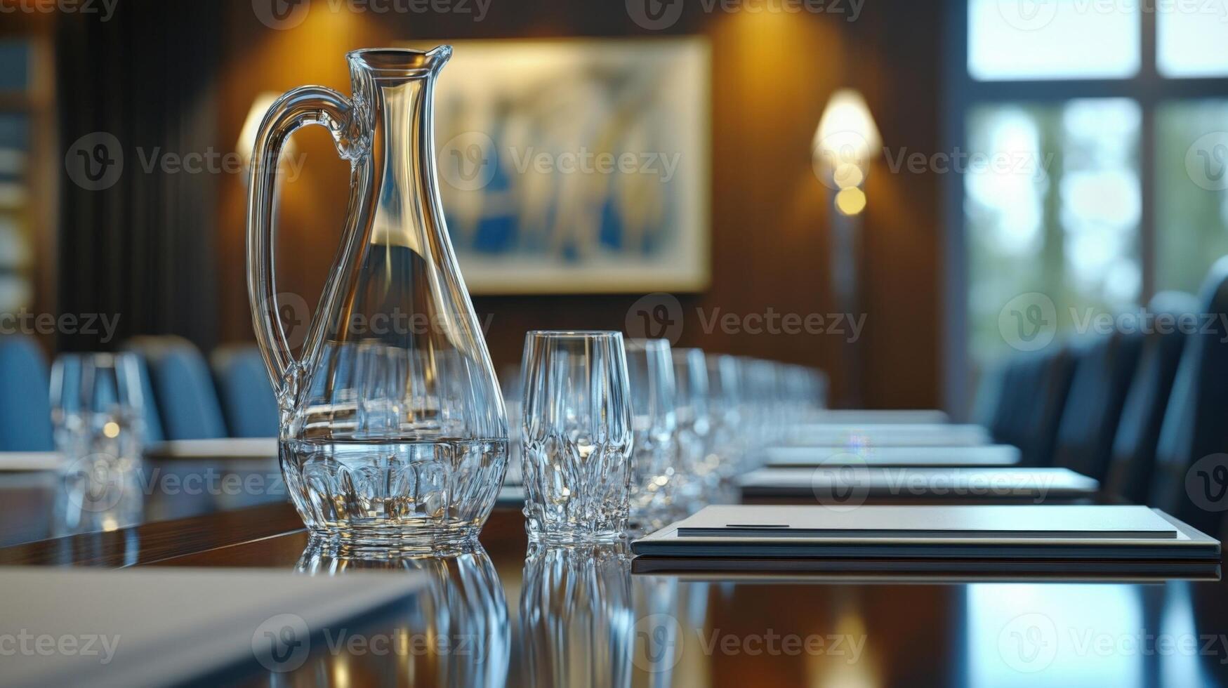 An intense expression on a negotiators face as they lean into the conversation the background showcasing a lavish boardroom with contemporary art on the walls. A glass pitcher of wate photo