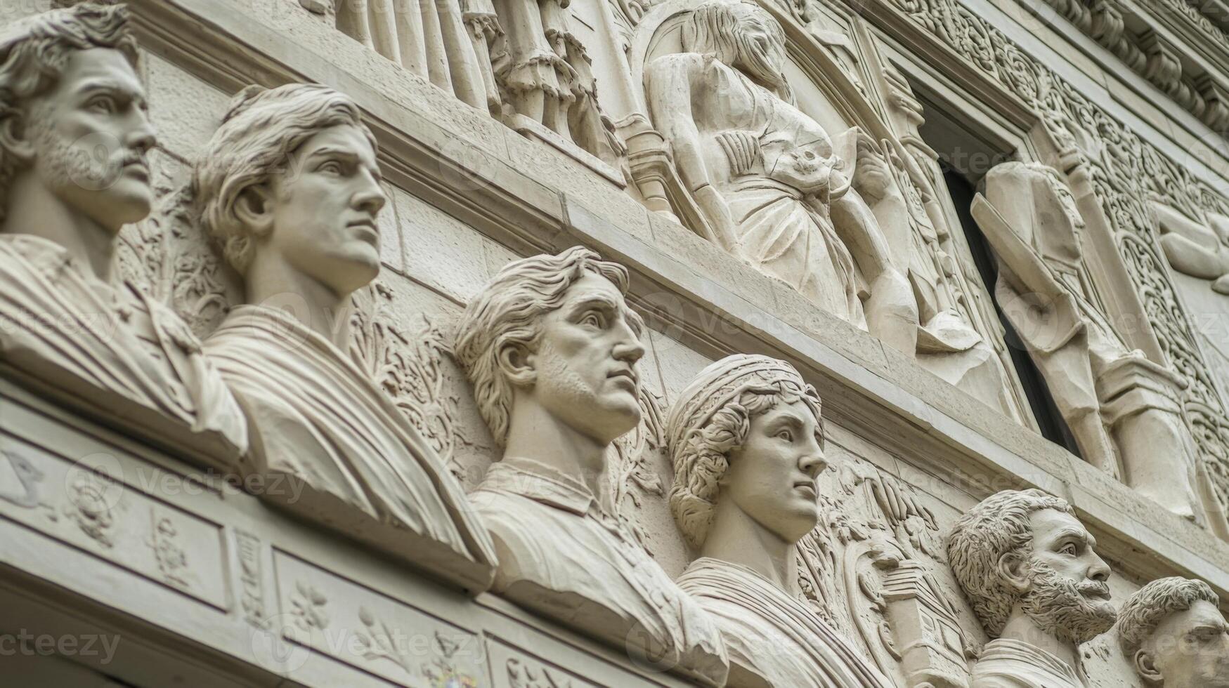 Stone busts representing famous figures adorning building facade photo