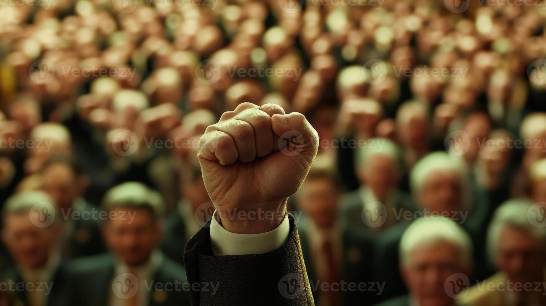 Closeup on the politicians hand forming a fist as a symbol of resolve highlighted by the enthusiastic crowd behind them. The dynamic background shows a sea of faces all eagerly listenin photo