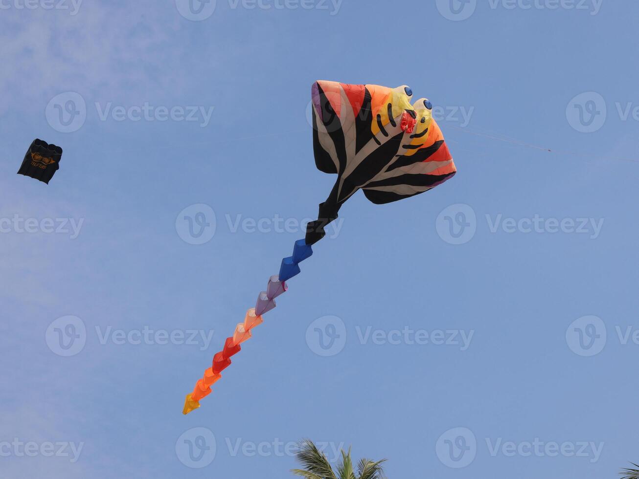 A vibrant, colorful kite soars beautifully in the clear blue sky above on a lovely day photo