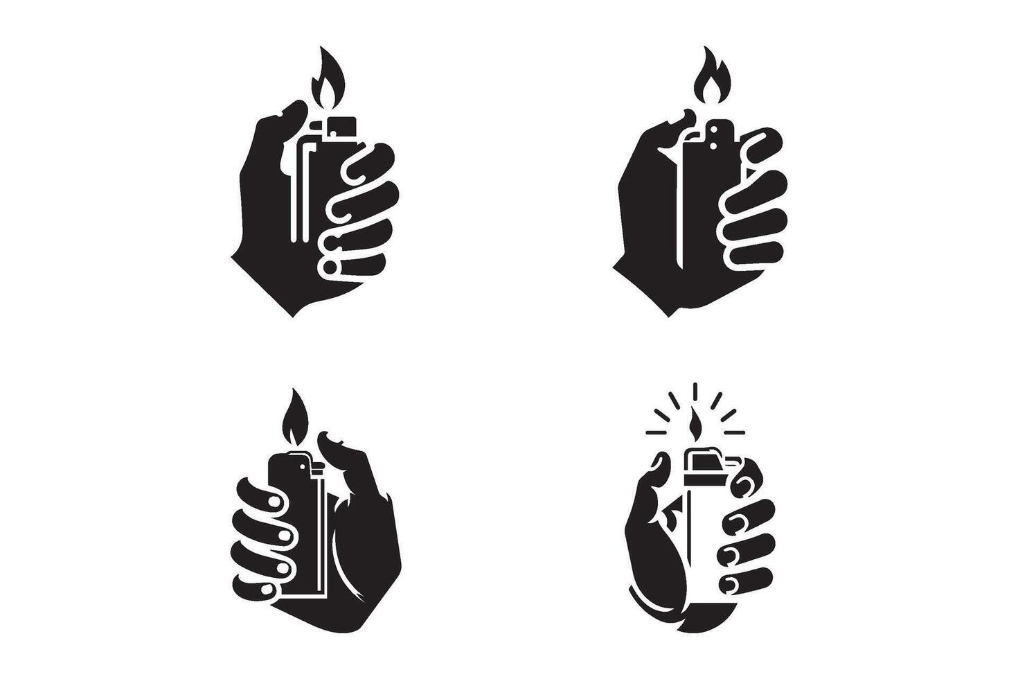 Set of hand holding lighter silhouette. Holding lighter icons. vector