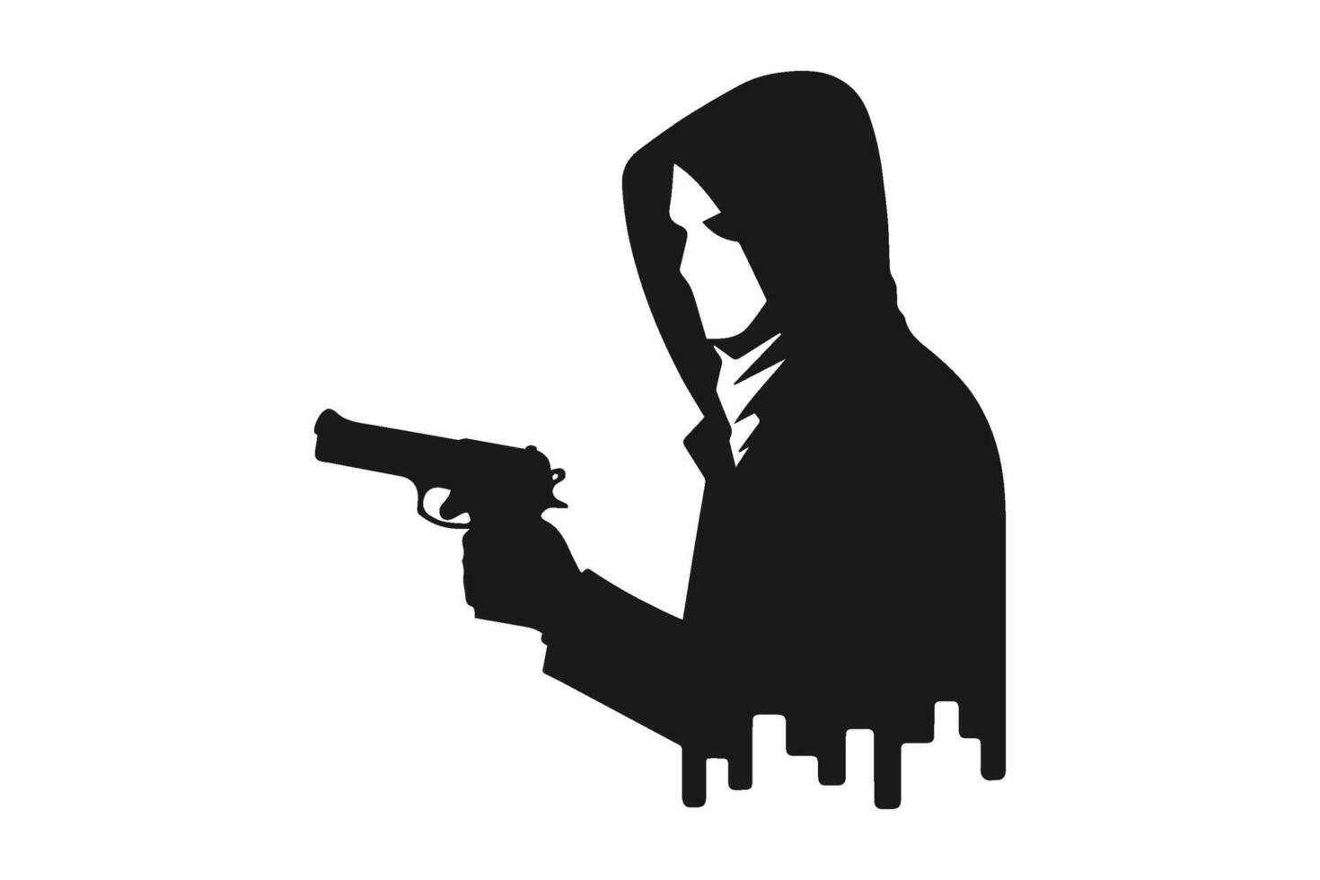 Minimalist mysterious guy holding a gun silhouette. vector