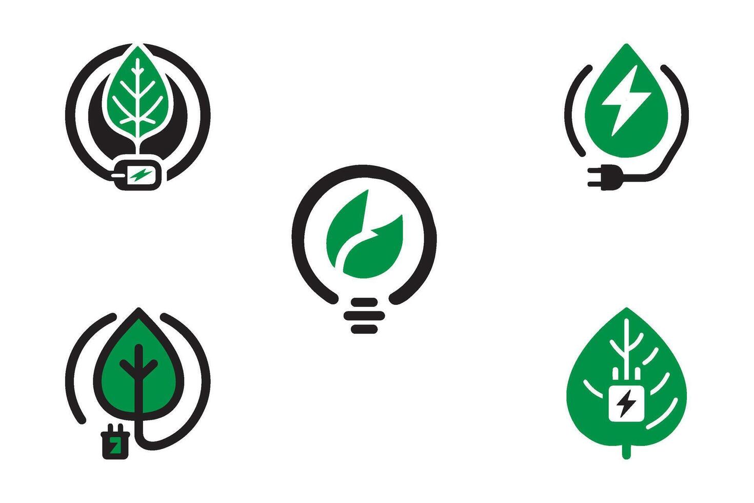 Minimalist leaf with charging sign icon set. Sustainable energy logo design. vector