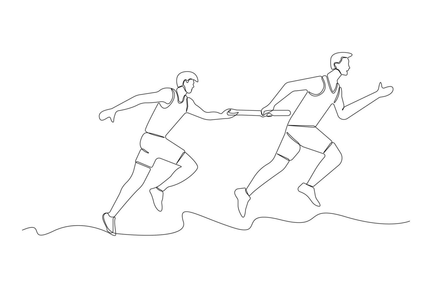 Hand-drawn athletes passing the baton in a relay race line art drawing. vector