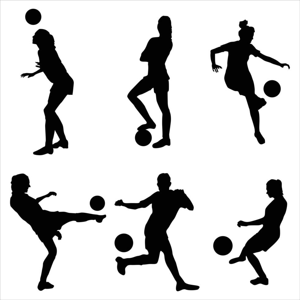 Women soccer player silhouettes set bundle vector