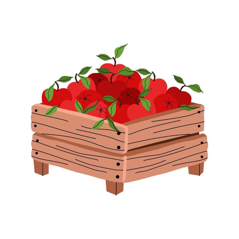 Rustic wooden box filled with red apples and green leaves. Perfect for harvest, farm, organic food themes. Flat illustration for packaging, branding, or seasonal markets. vector