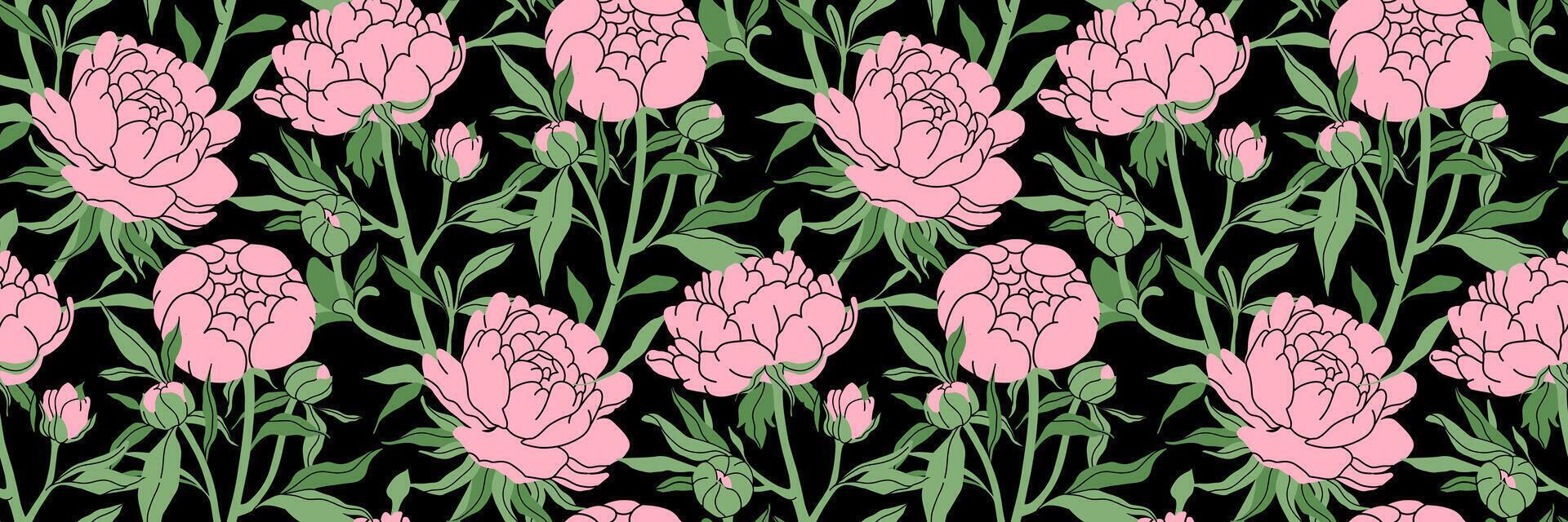 Beautiful flowers seamless pattern. Delicate pink rose with stem and leaves, small bud. Botanical spring pattern on black background. For wallpaper, textiles. Elegant vintage illustration vector