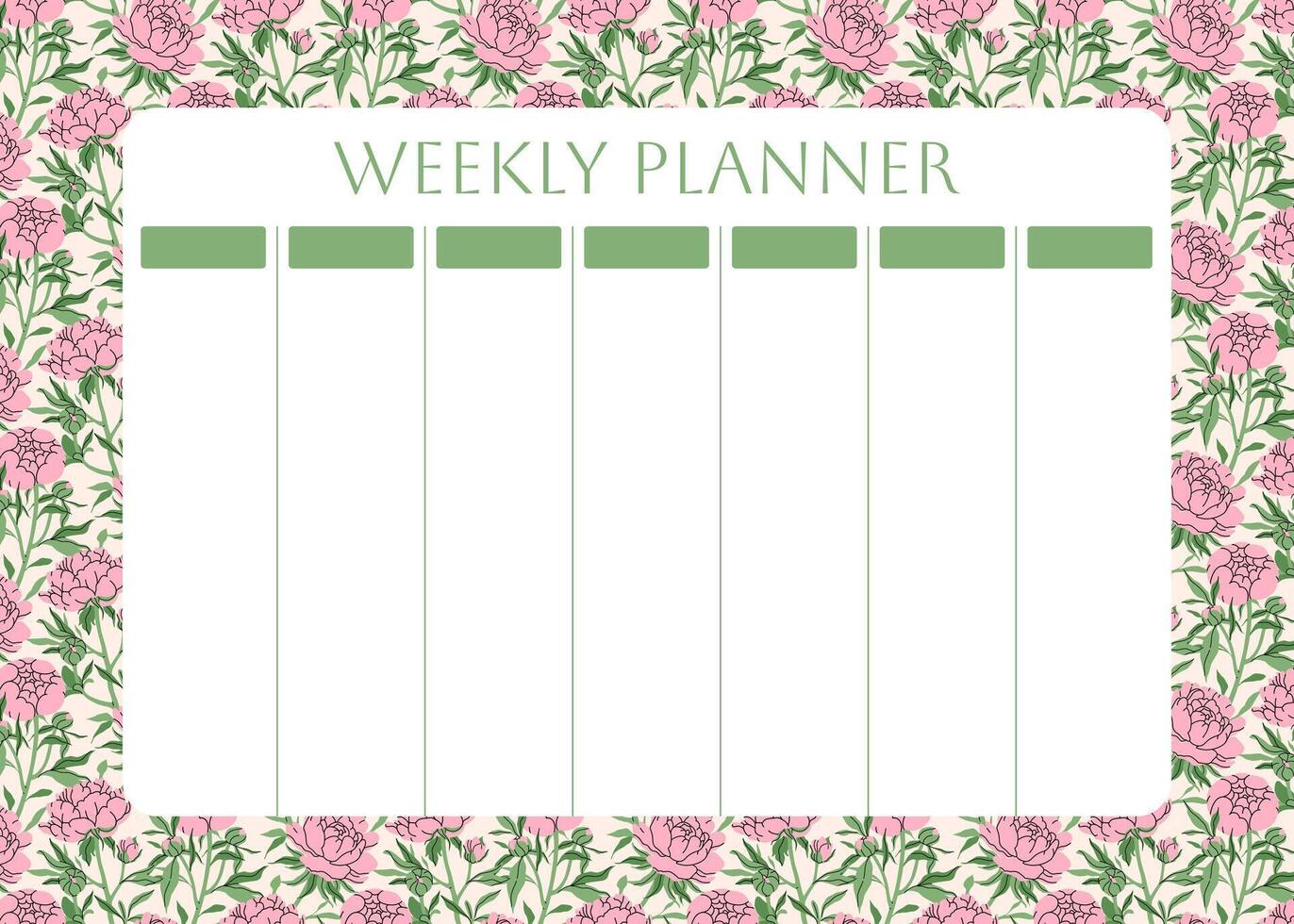 Weekly planner with floral pattern. Delicate pink peonies and leaves on pink background for notes. Kids schedule design template. Life style planner is for 7 days. flat illustration. vector