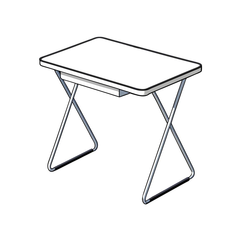 White folding table with metal frame, cartoon illustration vector