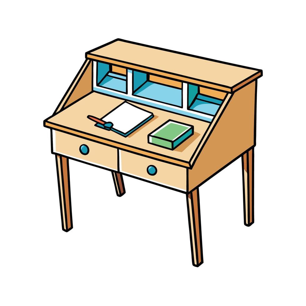 Cartoon Desk with Notepad, Pen and Book Illustration vector