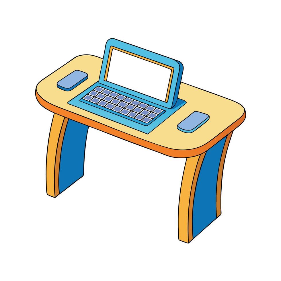 Cartoon desk with computer icon isolated vector