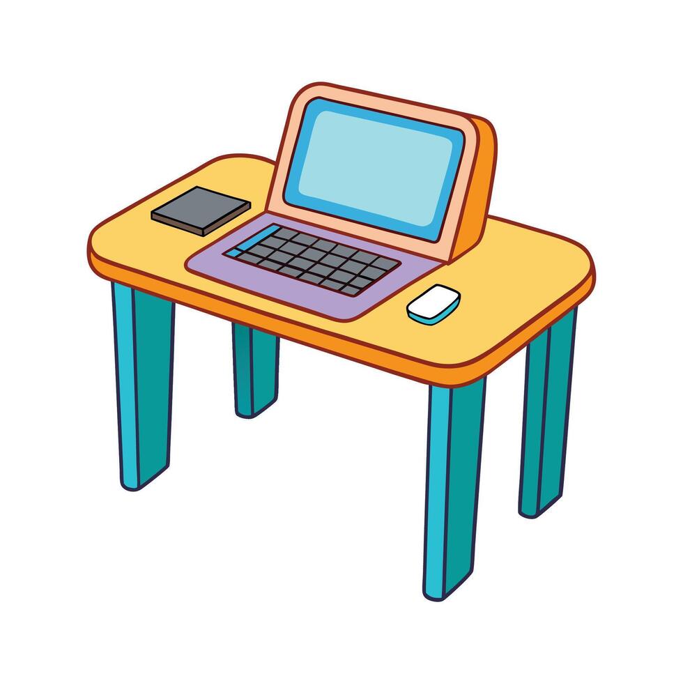 Cartoon desk with laptop, mouse, and notebook illustration vector