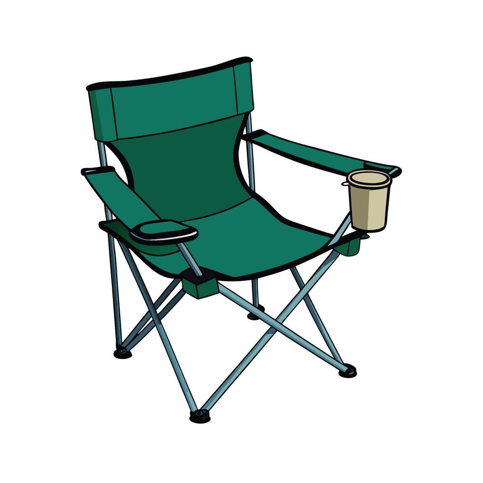 Cartoon green folding camping chair with a cup holder vector