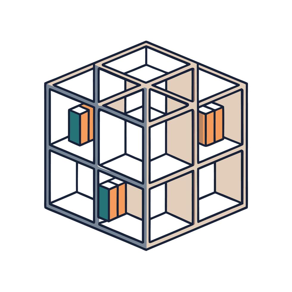 Isometric shelving unit with storage compartments and simple design vector