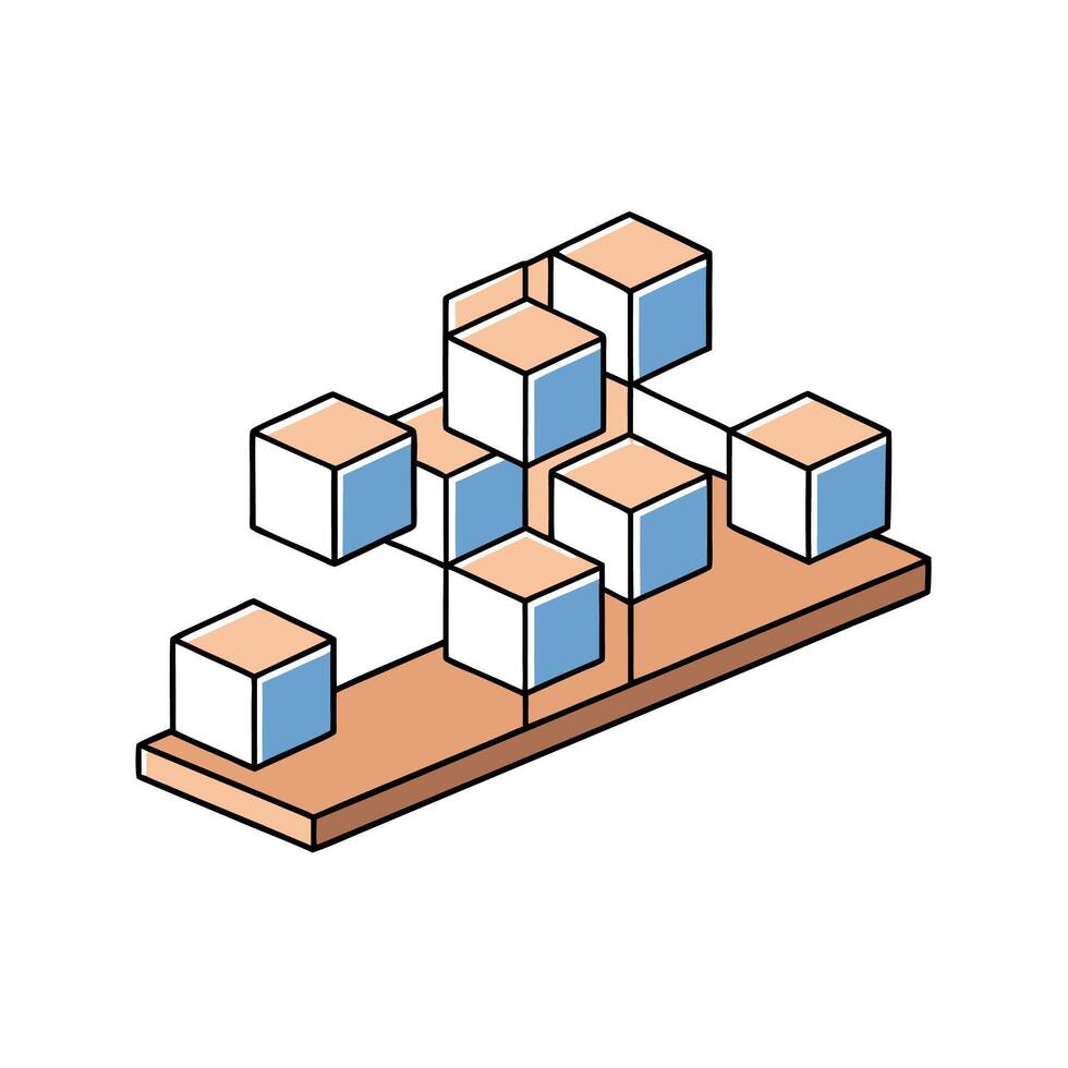 Isometric Boxes Connected on Wooden Platform, Abstract Design vector
