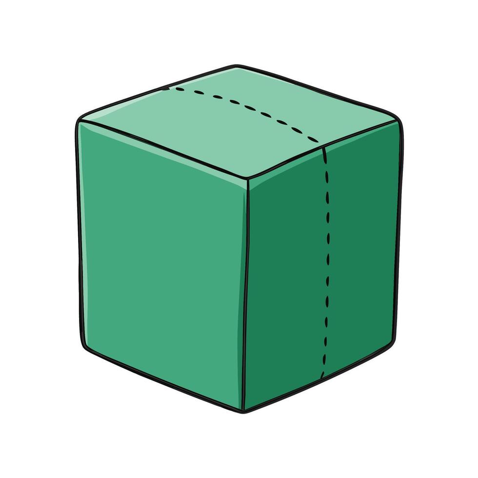 Green cartoon cube with broken lines, 3D geometry vector