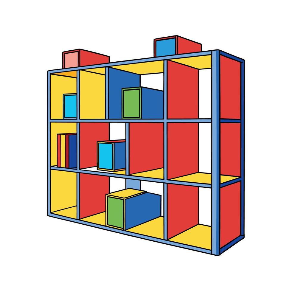 Colorful bookcase with boxes isolated on white background vector