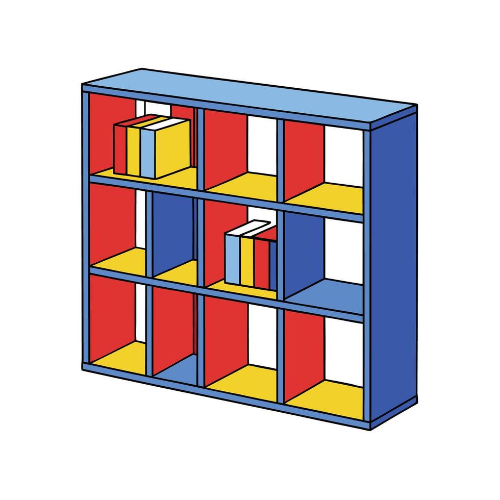 Colorful modular bookcase with shelves and boxes illustration vector