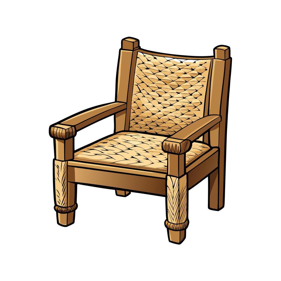 Woven Seat Wooden Armchair Cartoon Style Furniture Isolated vector
